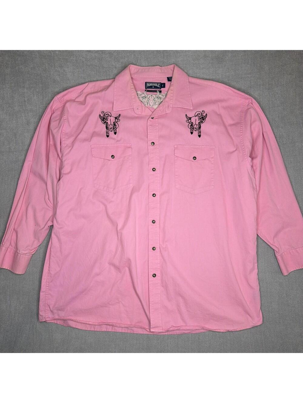 Vintage 90s Panhandle Slim Pink Pearl Snap Western Gun Skull Embroidered XXL